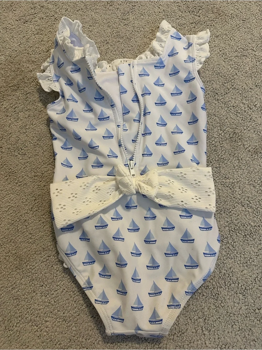 Edgehill Collection White & Light Blue Sailboat Ruffle One-Piece Swimsuit